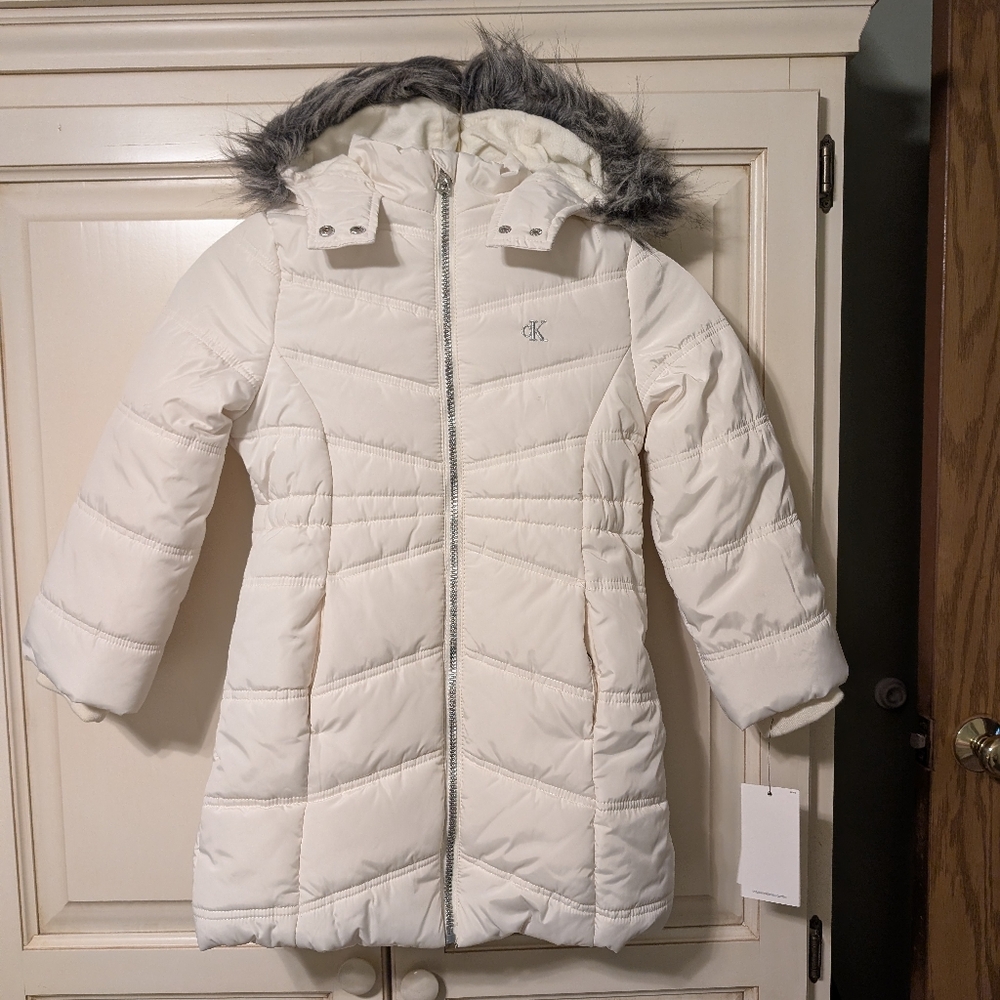 Calvin Klein Jeans Antique White Aerial Puffer Jacket with Faux Fur Trim NWT